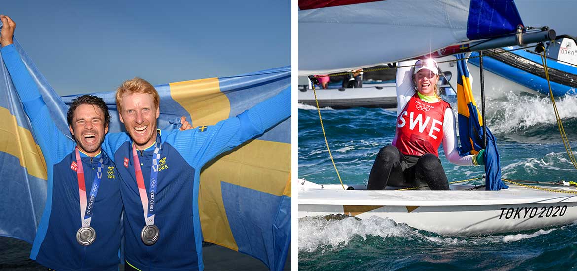 Ett collage med två bilder där den ena förställer Anton Dahlberg och Fredrik Bergström som jublar framför den svenska flaggan. På den andra sitter Josefin Olsson i seglarkläder i sin båt med en svensk flagga.
