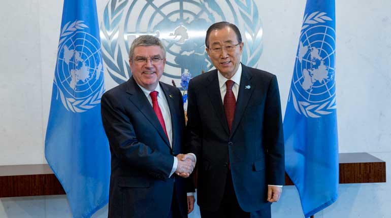 IOK:s ordförande Thomas Bach och FN:s generalsekreterare Ban Ki-moon. Foto: IOK
