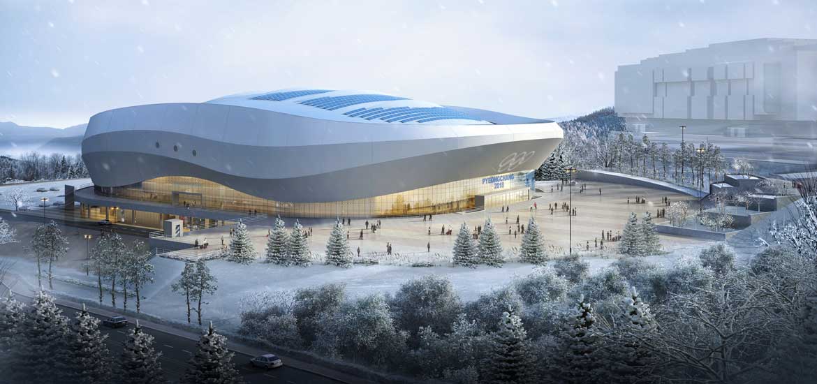 I den nybyggda Gangneung Ice Arena kommer det tävlas i Short track och Konståkning under Pyeong Chang 2018. Illustration: Pyeong Chang 2018