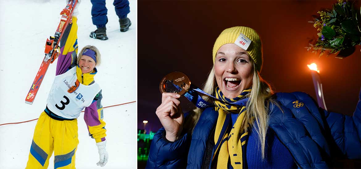 En glad Marie Lindgren i gul skidoverall håller upp sina skidor. På bilden bredvid jublar Anna Holmlund med en bronsmedalj i ena handen och en bukett blommor i den andra. 