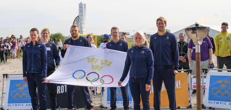 Invigning av Olympic Day i Malmö med Nathalie Larsson, Anna Laurell, Johan Eurén, Tommy Krantz, Jenny Fransson och Max Salminen. Foto: SOK