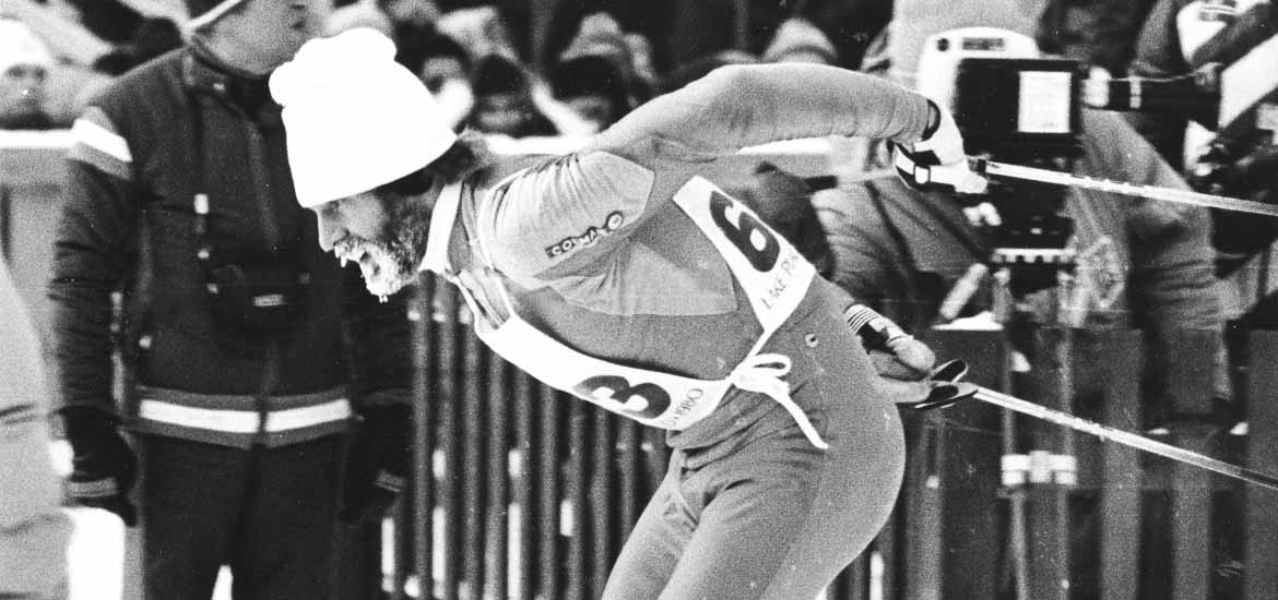 Sveriges Thomas Wassberg stakar i mål som segrare i herrarnas 15 km i Lake Placid 17:e februari 1980. Foto: Hans T Dahlskog/TT