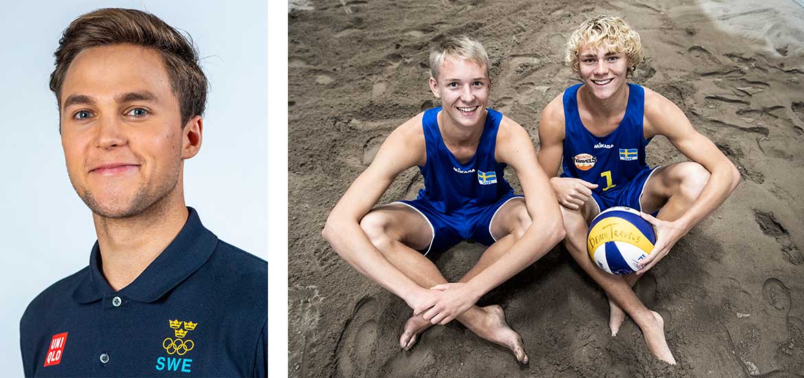 Två bilder sammanslagna, Hannes Puman, porträttbild i blå tröja på den ena. Den andra föreställer två killar, Jonatan Hellvig och David Åhman som sitter i landslagskläder i sanden på en beachvolleyplan. 