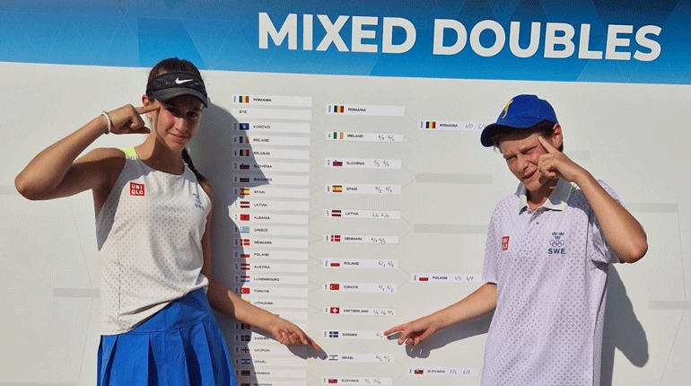 Linea Bajraliu och Patrik Munkhammar är klara för kvartsfinal i mixeddubbel vid EYOF i Slovakien. Foto: SOK.
